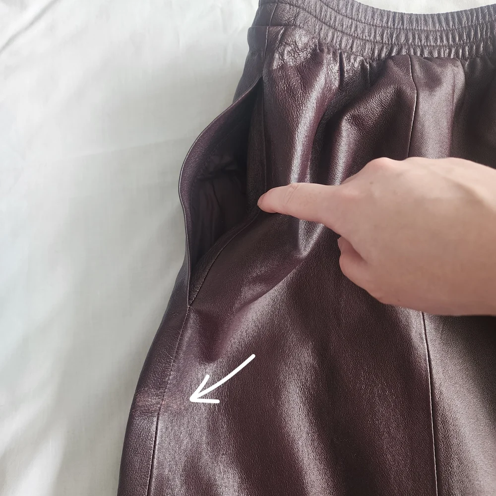 Brown Genuine Leather Skirt Womens Size 20 Vintage Midi Pockets Red - Picture 8 of 10